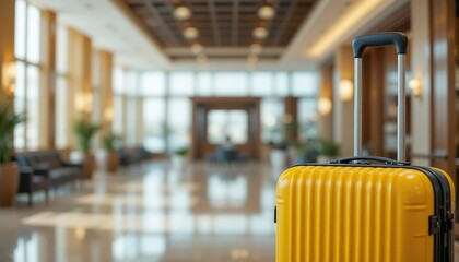 Vibrant yellow suitcase standing in a modern hotel lobby, a summer vacation concept