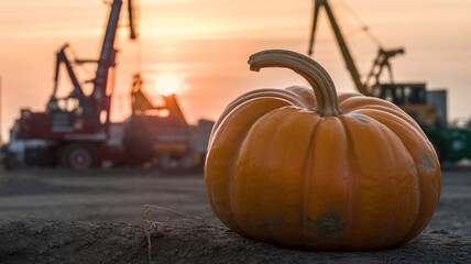 Autumn pumpkin in industrial sunset landscape