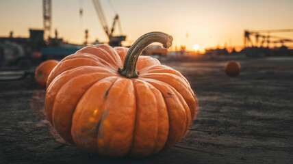 Large orange pumpkin in a field at sunset