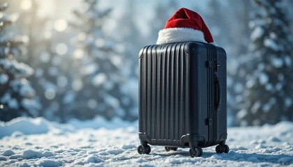 Black suitcase with a red santa hat on top in a snowy winter landscape, representing holiday travel and seasonal journeys