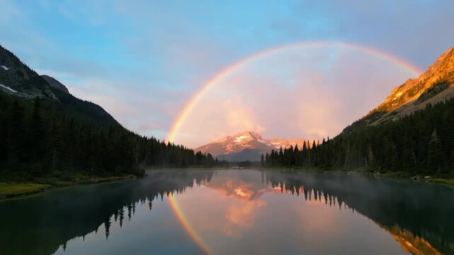 Capturing the ephemeral beauty of a full arc rainbow stretching across a vast, untouched natural landscape immediately after a refreshing rain shower.