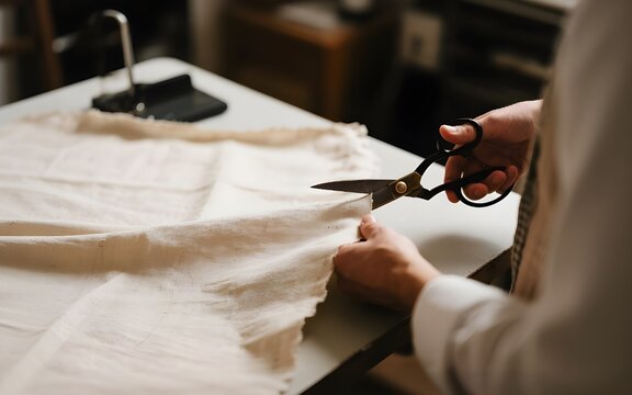Tailor's Hands Cutting Fabric with Vintage Scissors, Close-Up Detail Shot