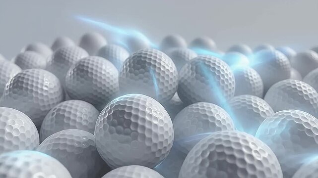 Close-up of many golf balls with glowing blue light effects, showcasing texture and precision. Ideal for sports, technology, and innovation themes.