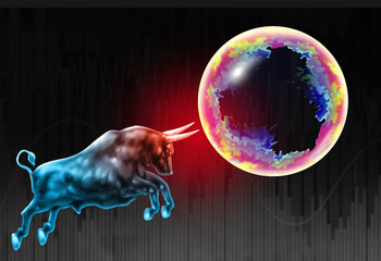Bull Market Bubble business risk and Economic equities bubbles fear and overhyped Stock market speculation concept and overvalued companies due to greed or inflated economy as speculative valuation.