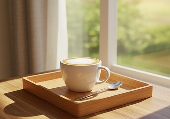 Obraz premium Coffee cup on wooden tray near window with sunlight