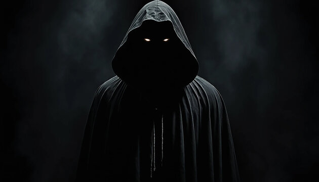Mysterious Hooded Figure with Glowing Eyes in Dark Smoky Atmosphere