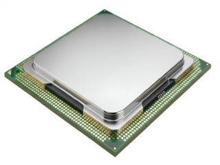 Close up of a modern computer processor chip on a black background