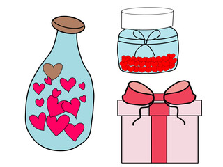 Bottle with hearts and gift box. Valentines day. Vector illustration