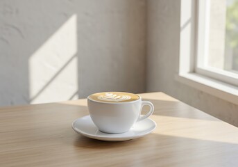 Obraz premium Cup of coffee on saucer on wooden table with natural light