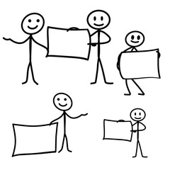 Hand drawn stickman drawing conceptual illustration of group of people holding blank sign.