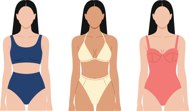 Minimalist Flat Vector Illustration Set of Women Modeling Diverse Swimwear Styles, Including Tankinis, Bikinis, and One-Piece Swimsuits for Summer and Beach Design Concepts