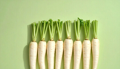 A horizontal line of fresh parsnips with green tops on a light green background vegetables