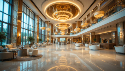 Obraz premium Opulent hotel lobby interior with sparkling crystal chandeliers, reflective marble floors, and comfortable lounge seating
