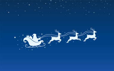 Santa Claus ride sleigh with flying reindeer. Sparkles, stars decorative element. Santa Sleigh Silhouette. Merry christmas banner. Vector illustration