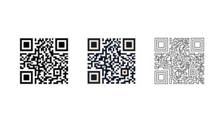 Fototapeta premium Three different styles of black and QR code symbols displayed side by side
