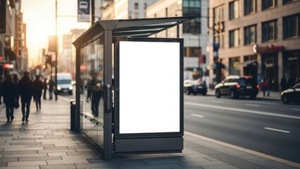 Bus stop shelter with a blank advertising billboard on a city street during daytime.