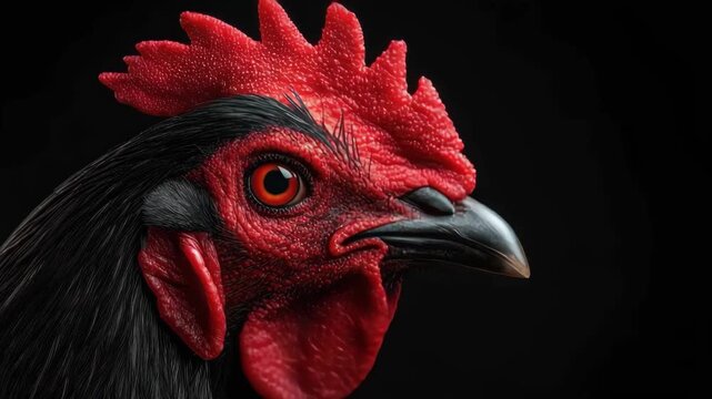 Portrait of a striking black rooster with vibrant red comb and eye-catching features captured in a vertical shot against a dark background