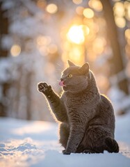 Gray cat grooming itself in snow with warm sunlight bokeh