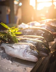 Fresh fish display with ice and green sprigs, bathed in warm sunlight