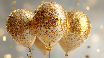 Shiny golden balloons, sparkling gliter confetti marking vibrant 2026 new year celebration against pristine white background