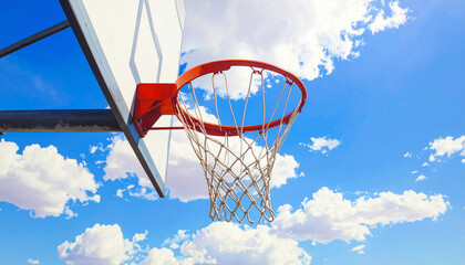 Basketball hoop and net against a bright blue sky with fluffy white clouds sports