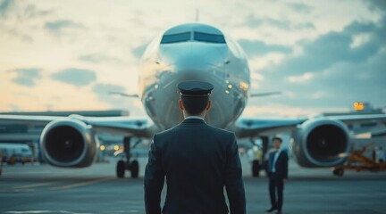 Pilot preparing for takeoff in front of a commercial aircraft - Powered by Adobe