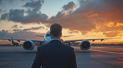 Confident businessman against a sunset airport backdrop - Powered by Adobe