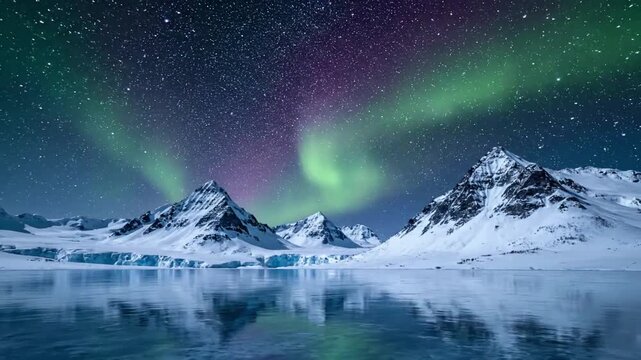 Dynamic celestial light show unfolding across the vast, dark polar sky, showcasing vibrant green and purple auroral displays. Capturing the fluid, wave like movements and intense luminosity of the?