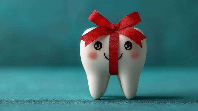 White teeth model on turquoise with a crimson ribbon.  Idea for a dental care gift.