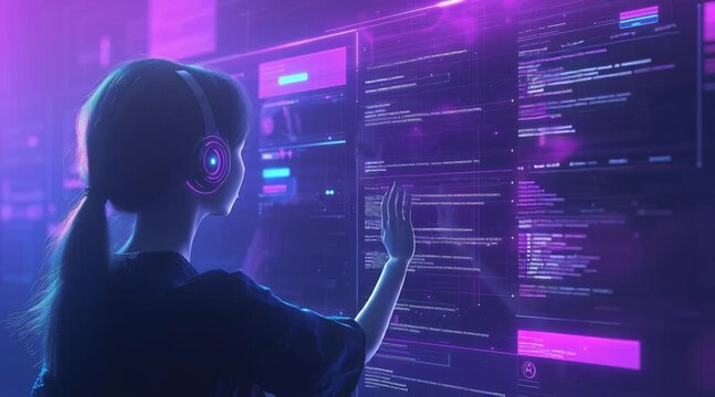 Futuristic woman interacting with digital data interface