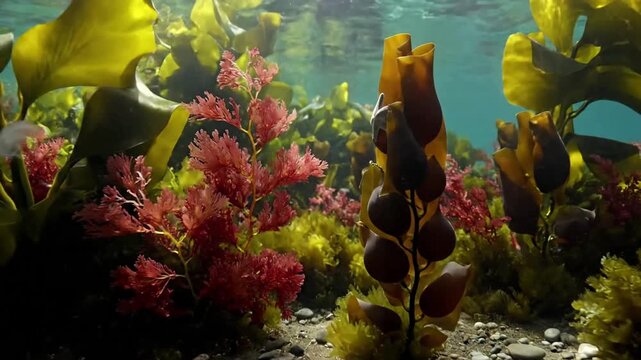 Intricate close up of vibrant green kelp fronds gently swaying with ocean currents, revealing detailed textures and organic patterns under natural sunlight.