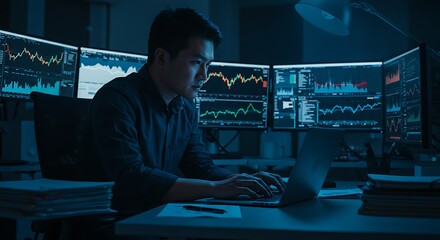 Man working late, surrounded by multiple computer screens displaying financial charts