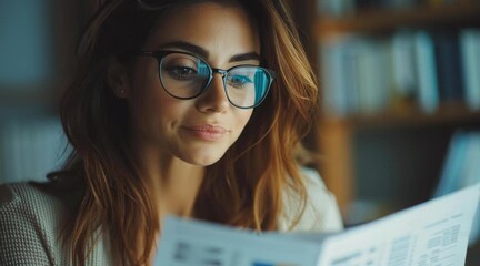 Young woman studying documents in a cozy library setting