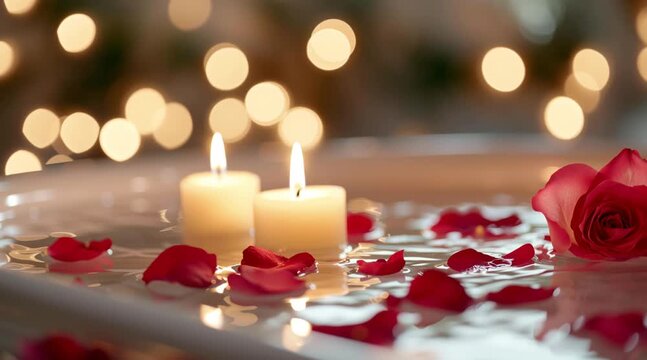 Romantic spa setting with rose petals and candles