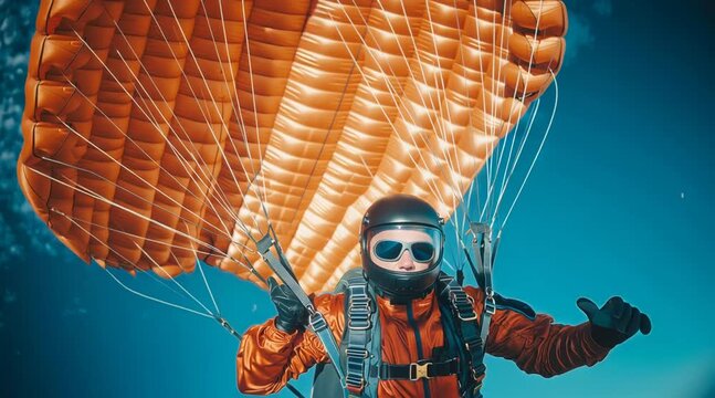 Skydiver in vibrant orange jumpsuit soaring through clouds