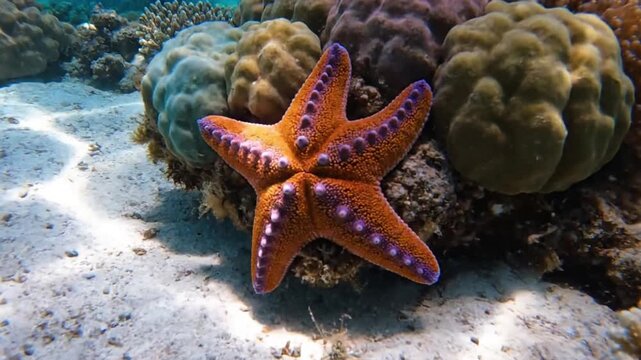 A vibrant sea star gracefully navigating a pristine, sun drenched coral reef, showcasing its intricate patterns and textures in crystal clear water. Wide angle, stable shot