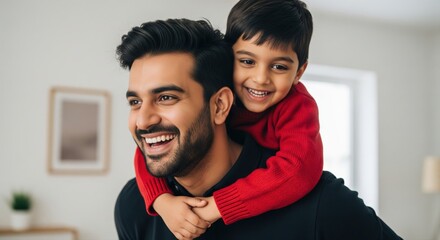 Happy Indian Father and Son Enjoying Piggyback Ride at Home