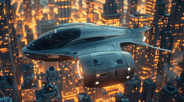 Futuristic hovercraft soaring above a neon-lit cityscape