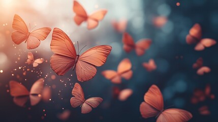 Many peach butterflies fly in soft light