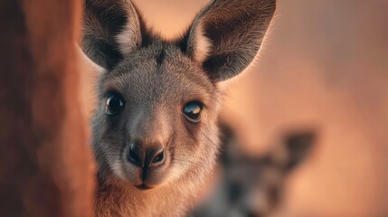 Fototapeta premium Adorable Young Kangaroo with Big Eyes and Soft Fur in Natural Habitat Surrounded by Warm Light and Soft Background Blur