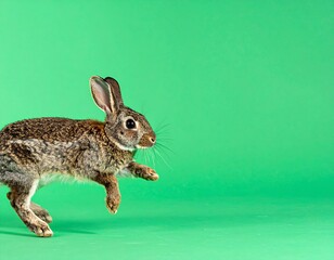 Hare in mid-jump against bright green background