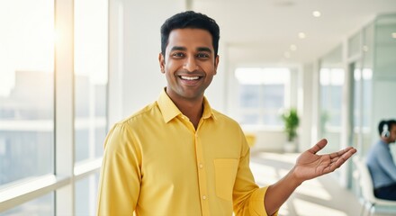 Young Indian man smiling, presenting in a bright modern office.