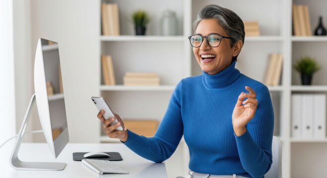 Happy Mature Woman Celebrating Good News on Smartphone at Desk