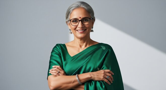 Confident Mature Indian Woman in Traditional Green Sari - Powered by Adobe