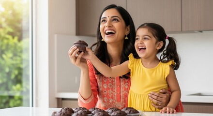 Naklejka na ściany i meble Joyful Indian Mother and Daughter Sharing Sweet Kitchen Moments