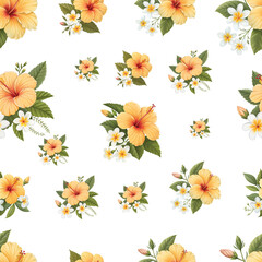 Seamless Tropical Hibiscus Flower Pattern &ndash; Yellow and White Floral Illustration