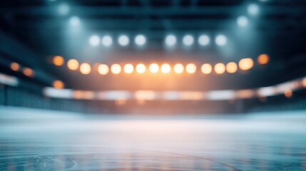 puck. An empty ice rink in a professional hockey arena with atmospheric lighting. event key visuals, club posters, designed for sports event promotions and stadium branding, used by event planners.