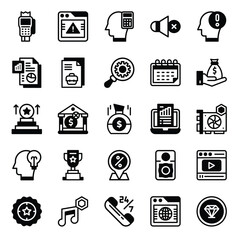 Business, Finance, and Digital Marketing Solid Icon Set. Collection of Investment, Technology, and Strategy Glyph Symbols.