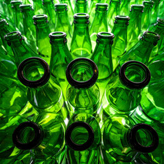 Close-up view of many empty green glass bottles with black caps image photo