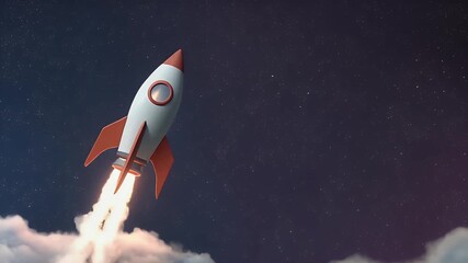 Stylized rocket launches through clouds into a starry night sky, perfect for business growth, startup success, innovation, and future concepts. - Powered by Adobe